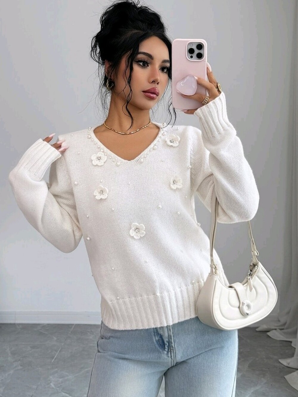 Fine & Folde Heavy Embellished Floral Beaded Rhinestone V-Neck Long Sleeve
